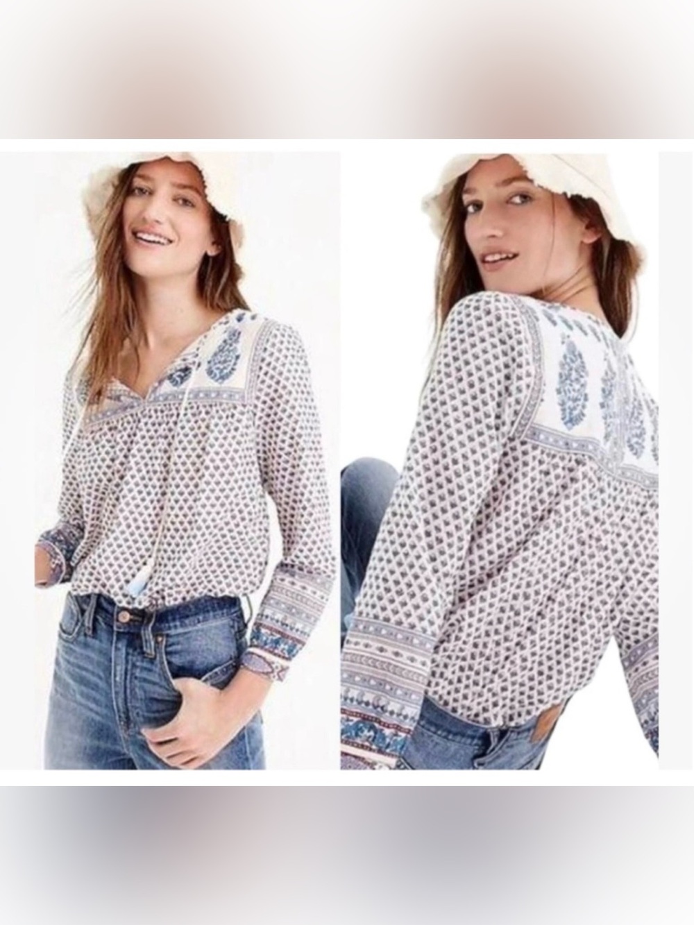 J. Crew White Blue Printed Peasant Blouse Point Sur peasant top size 2 oversized